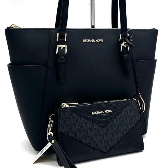 Michael Kors Large Charlotte Tote Bag & Large Double Zip Wallet Black (NWT) - Picture 1 of 13